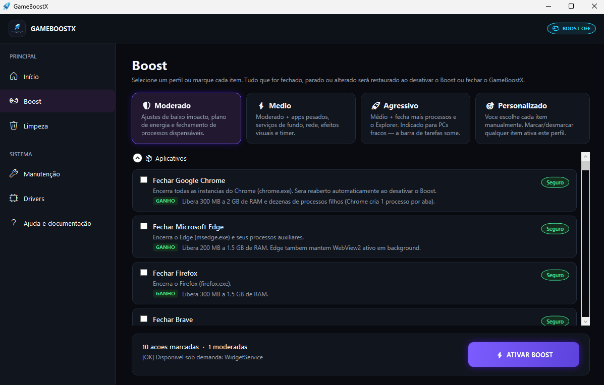 Configurações de Boost do GameBoostX para otimização de jogos